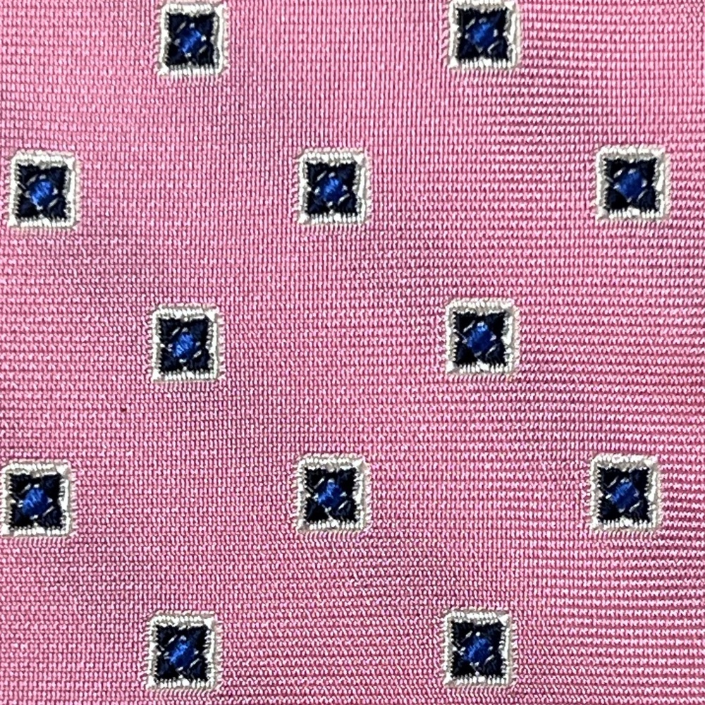 BROOKS BROTHERS Makers 100% Silk Tie Pink & Blue Geometric Square Pattern
